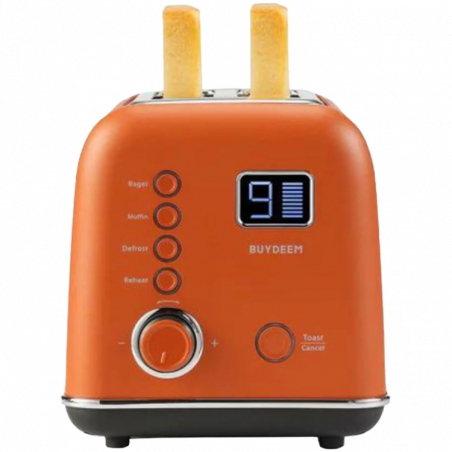 Тостер за хляб BUYDEEM DT730E, 900W, 2 слота, 9 автоматични програми, 9 степени на препичане, Иноксов корпус, LCD дисплей, LED индикатори, Самоцентриране, Таймер, Оранжев