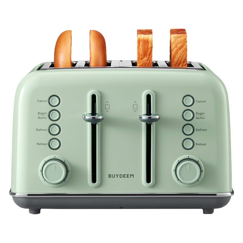 Тостер за хляб BUYDEEM DT640E, 1800W, 4 слота, 7 автоматични програми, 7 степени на препичане, LED индикатори, Тави за трохички, Високо изскачане, Зелен