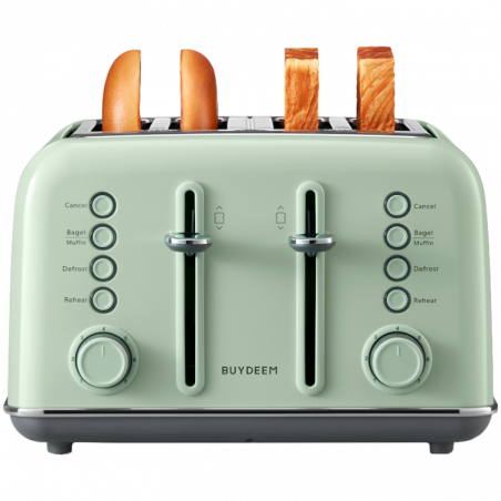 Тостер за хляб BUYDEEM DT640E, 1800W, 4 слота, 7 автоматични програми, 7 степени на препичане, LED индикатори, Тави за трохички, Високо изскачане, Зелен