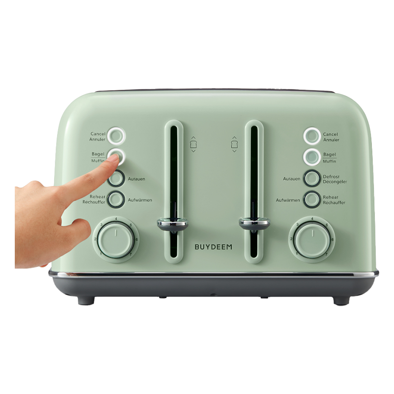 Тостер за хляб BUYDEEM DT640E, 1800W, 4 слота, 7 автоматични програми, 7 степени на препичане, LED индикатори, Тави за трохички, Високо изскачане, Зелен