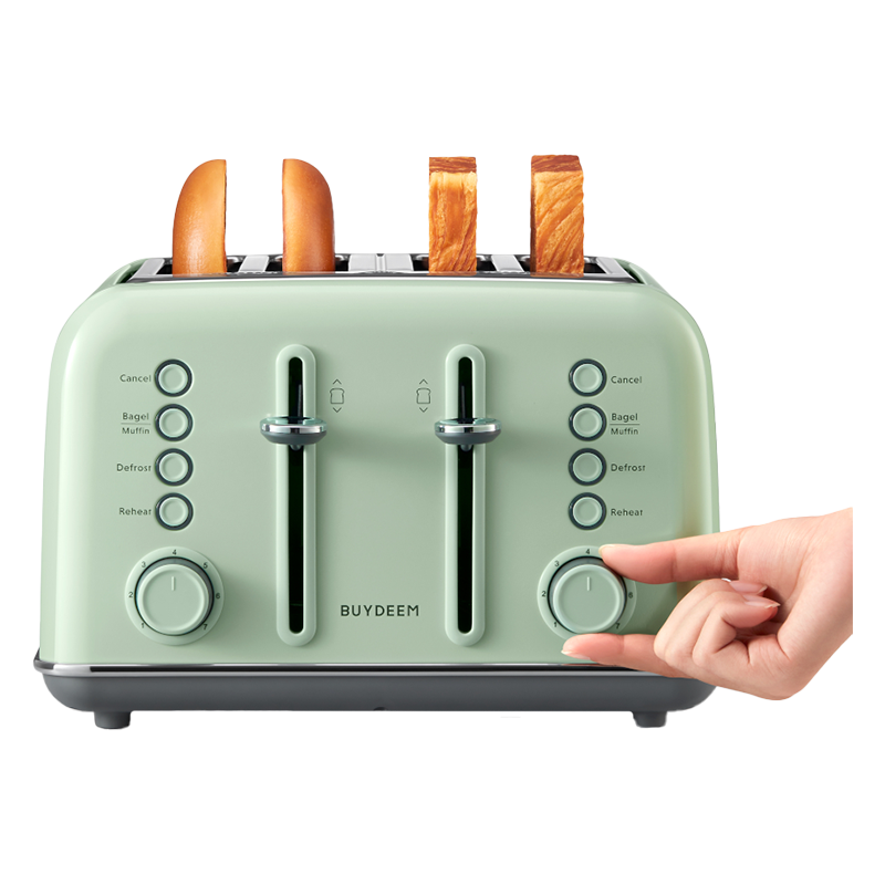 Тостер за хляб BUYDEEM DT640E, 1800W, 4 слота, 7 автоматични програми, 7 степени на препичане, LED индикатори, Тави за трохички, Високо изскачане, Зелен