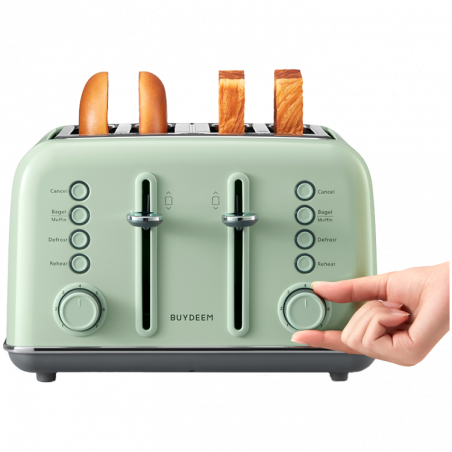 Тостер за хляб BUYDEEM DT640E, 1800W, 4 слота, 7 автоматични програми, 7 степени на препичане, LED индикатори, Тави за трохички, Високо изскачане, Зелен