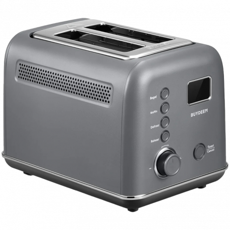 Тостер за хляб BUYDEEM DT730E, 900W, 2 слота, 9 автоматични програми, 9 степени на препичане, Иноксов корпус, LCD дисплей, LED индикатори, Самоцентриране, Таймер, Сив