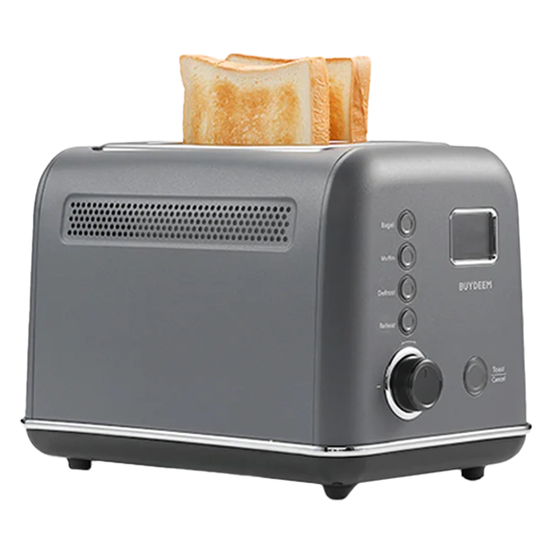 Тостер за хляб BUYDEEM DT730E, 900W, 2 слота, 9 автоматични програми, 9 степени на препичане, Иноксов корпус, LCD дисплей, LED индикатори, Самоцентриране, Таймер, Сив