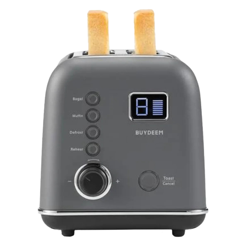 Тостер за хляб BUYDEEM DT730E, 900W, 2 слота, 9 автоматични програми, 9 степени на препичане, Иноксов корпус, LCD дисплей, LED индикатори, Самоцентриране, Таймер, Сив