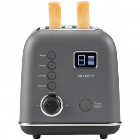 Тостер за хляб BUYDEEM DT730E, 900W, 2 слота, 9 автоматични програми, 9 степени на препичане, Иноксов корпус, LCD дисплей, LED индикатори, Самоцентриране, Таймер, Сив