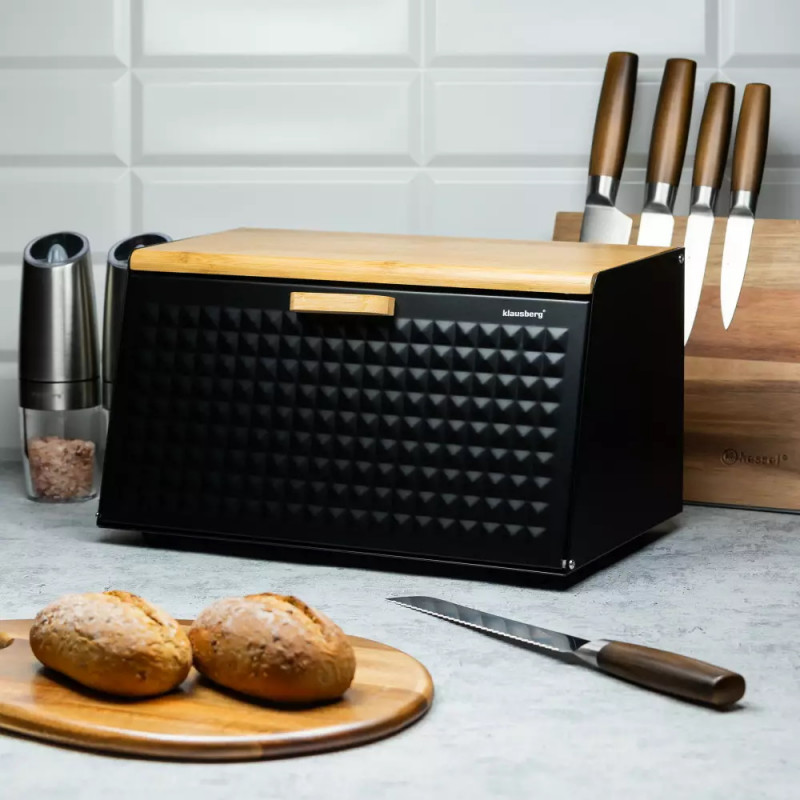 Кутия за хляб Klausberg KB 7467, 35.5 см, Стомана, Бамбук, Горен и преден капак, Черен