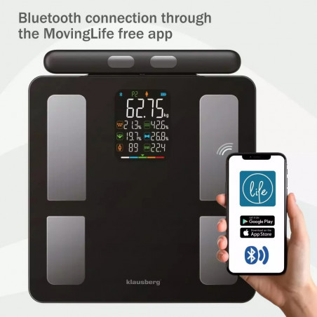 Кантар - анализатор Klausberg KB 7856, До 180 кг, Bluetooth, Android/iOS, LCD дисплей, 14 телесни стойности, Черен