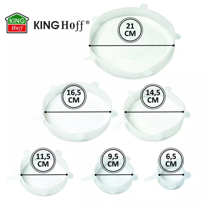 Комплект 6 бр. силиконови капаци Kinghoff KH 1902, -40 до 230°C, Плътно и херметично прилепване, Многократна употреба, Универсални, Прозрачен