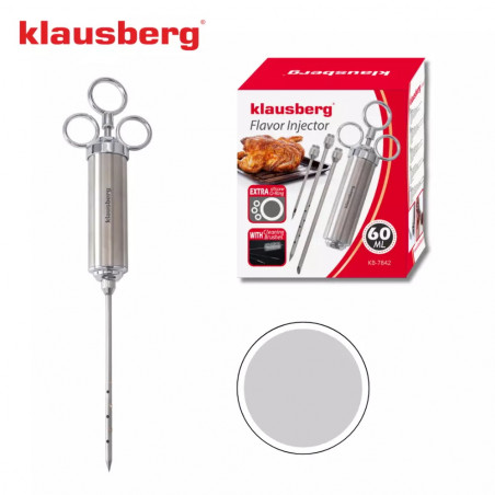 Спринцовка за мариноване на месо Klausberg KB 7842, 60 мл, 3 игли, Неръждаема стомана, Без BPA, Сребрист