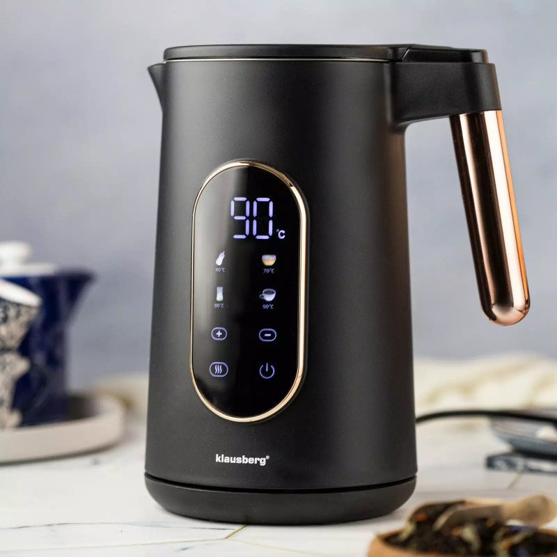 Електрическа кана Klausberg KB 7892, 2200W, 1.7 л, 13 настройки, 4 програми, LED дисплей, Въртяща се основа, Черен/Розово злато