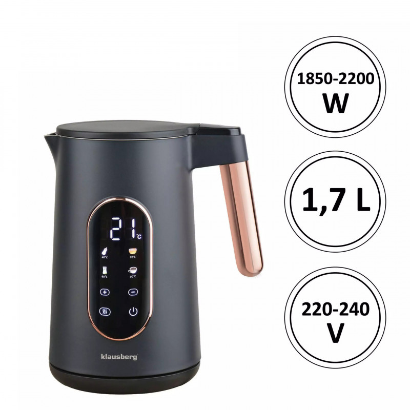Електрическа кана Klausberg KB 7892, 2200W, 1.7 л, 13 настройки, 4 програми, LED дисплей, Въртяща се основа, Черен/Розово злато