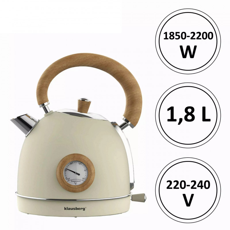 Електрическа кана с термометър Klausberg KB 7906, 2200W, 1.8 л, Индикатор за нивото на водата, Защита от прегряване, Крема