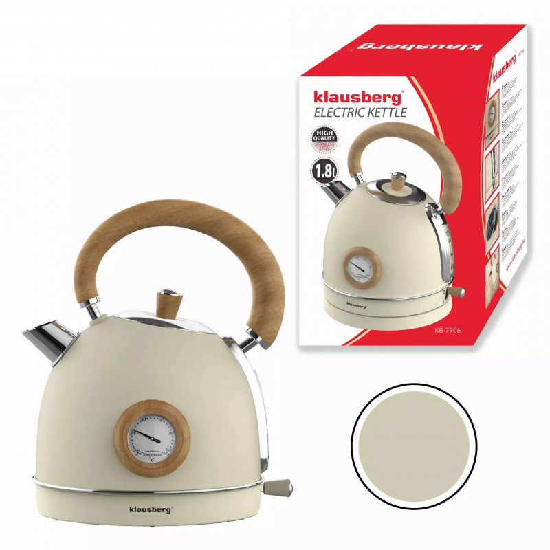 Електрическа кана с термометър Klausberg KB 7906, 2200W, 1.8 л, Индикатор за нивото на водата, Защита от прегряване, Крема