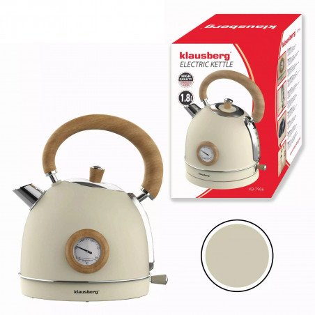 Електрическа кана с термометър Klausberg KB 7906, 2200W, 1.8 л, Индикатор за нивото на водата, Защита от прегряване, Крема