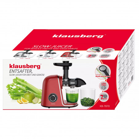 Сокоизстисквачка Klausberg KB 7870, 150 W, 700 мл, 7-сегментен шнек, Обратен ход, Аксесоари, Червен