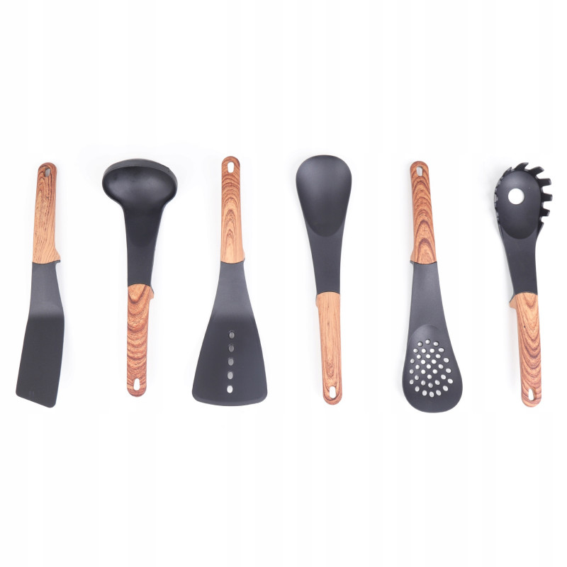 Комплект кухненски прибори с поставка Royalty Line RL-U03, 7 части, Полипропилен, До 210C, Без PFOA, Черен