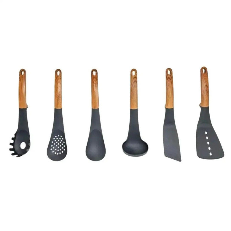 Комплект кухненски прибори с поставка Royalty Line RL-U03, 7 части, Полипропилен, До 210C, Без PFOA, Черен