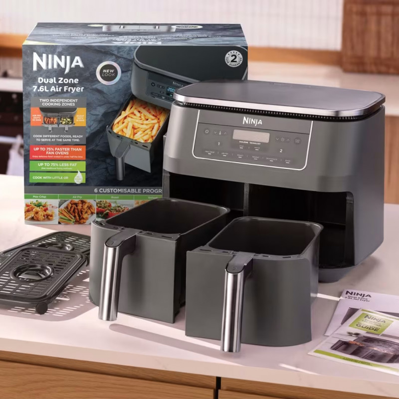 Двоен фритюрник с горещ въздух Ninja DZ300EU, 7.6 л, 6 програми, Таймер, Независими зони, Сив