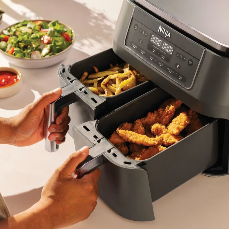 Двоен фритюрник с горещ въздух Ninja DZ300EU, 7.6 л, 6 програми, Таймер, Независими зони, Сив