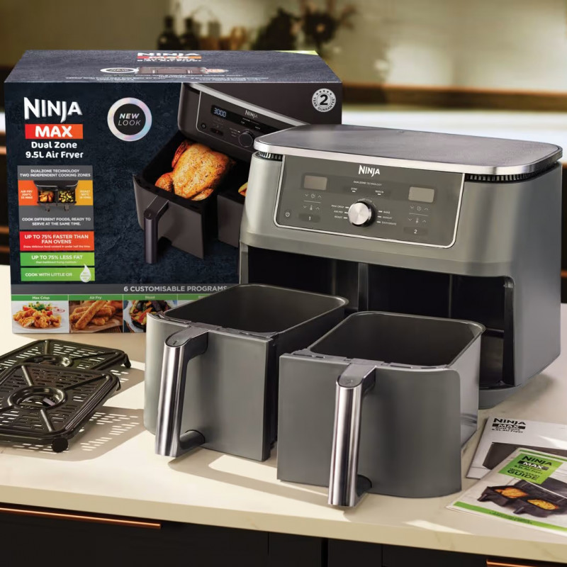 Двоен фритюрник с горещ въздух Ninja DZ400EU, 9.5 л, 6 програми, Таймер, Независими зони, Сив