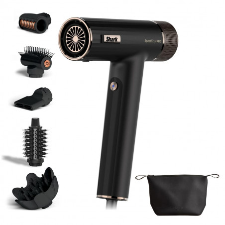 Сешоар Shark SpeedStyle Pro HD752EU, 1750W, 3 скорости, 4 темп. настройки, Автоматично настройване на темп и въздушен поток, Йонизация, Cool Shot, 5 приставки, Черен