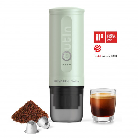 Преносима еспресо машина BUYDEEM Outin Nano OTEM-01, 7500 mAh, 20 bar, 50 ml, 12/24V, USB и Type-C зареждане, Мляно+капсули, Зелен