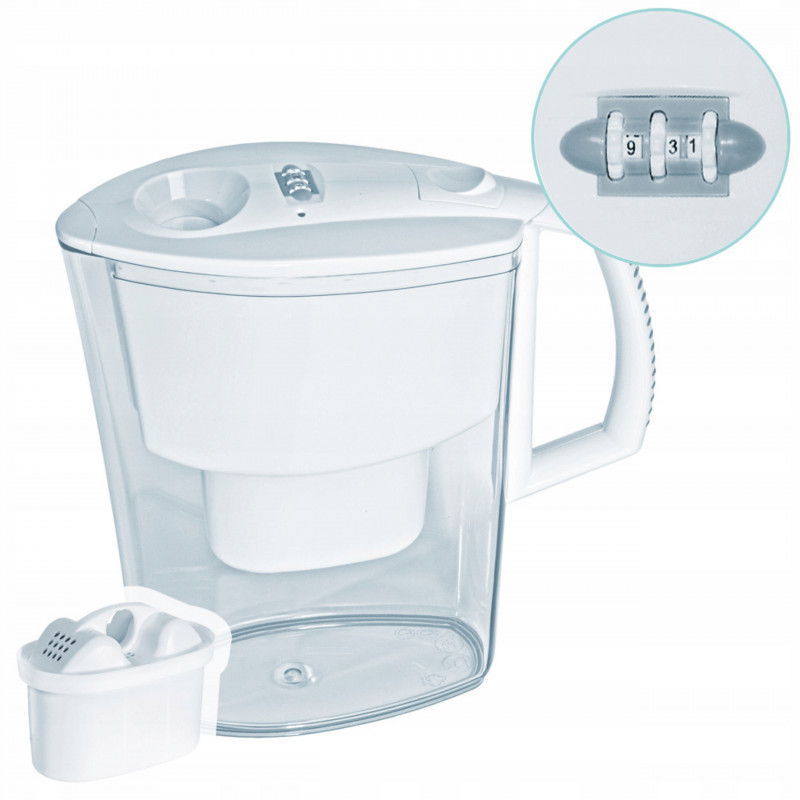 Кана за вода с филтър Aquaselect B18, 2.5 л, Неплъзгаща се основа, Филтър с йонообменни смоли и активен въглен, Бял