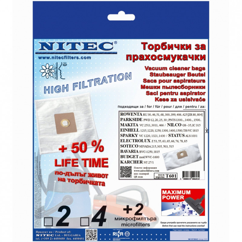 Торбички за прахосмукачка Nitec T601, 3 бр, 50% по-дълъг живот, Прозрачен/бял