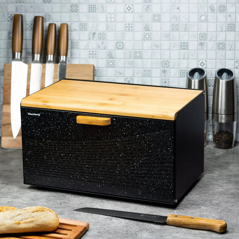 Кутия за хляб Klausberg KB 7464, 35.5 см, Стомана, Бамбук, Горен и преден капак, Черен