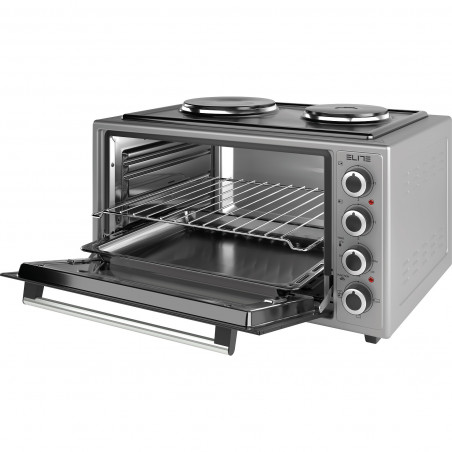 Малка готварска печка Elite EMO-48302G, 2000W, 48 л, 3 функции, Двойно стъкло, Термостат, Таймер, Инокс
