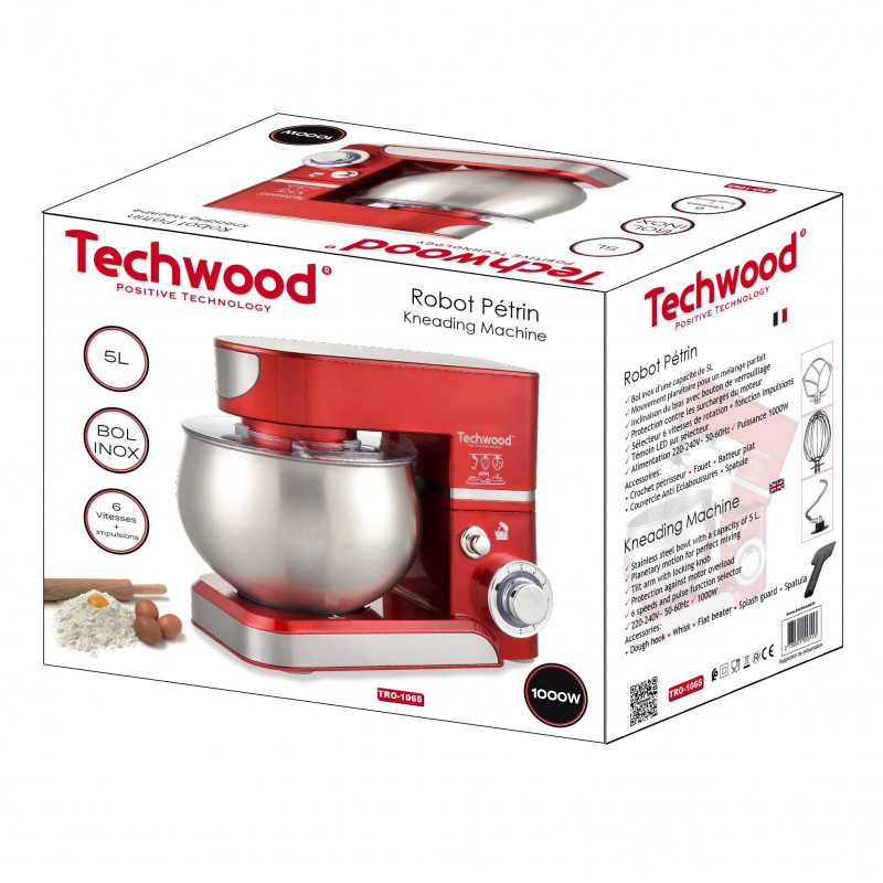 Планетарен миксер Techwood TRO-1065, 1000W, 5 литра, 6 скорости, Пулс, Защита от претоварване, Червен/Инокс