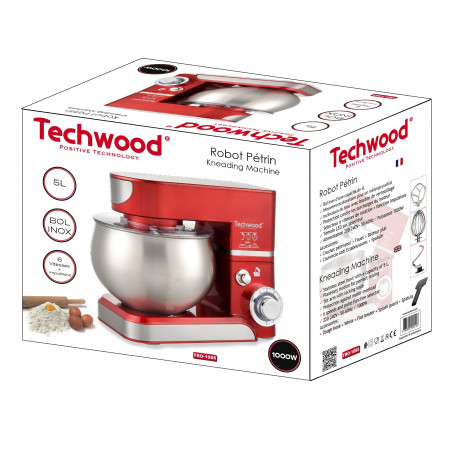 Планетарен миксер Techwood TRO-1065, 1000W, 5 литра, 6 скорости, Пулс, Защита от претоварване, Червен/Инокс