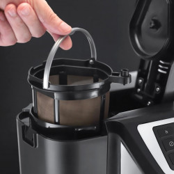 Кафемашина с вградена мелачка Russell Hobbs Victory Grind & Brew 22000-56, 1025W, 1.5 л, 250 гр, 12 чаши, Таймер, Вграден филтър, Черен/инокс