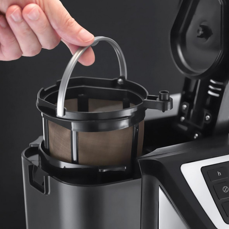 Кафемашина с вградена мелачка Russell Hobbs Victory Grind & Brew 22000-56, 1025W, 1.5 л, 250 гр, 12 чаши, Таймер, Вграден филтър, Черен/инокс
