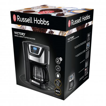 Кафемашина с вградена мелачка Russell Hobbs Victory Grind & Brew 22000-56, 1025W, 1.5 л, 250 гр, 12 чаши, Таймер, Вграден филтър, Черен/инокс