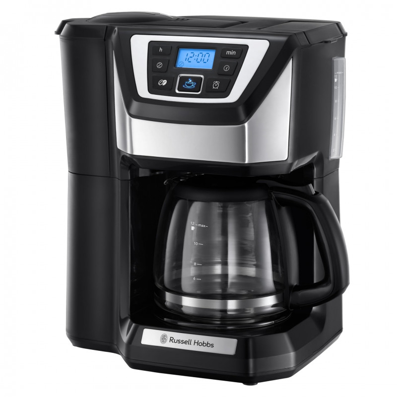 Кафемашина с вградена мелачка Russell Hobbs Victory Grind & Brew 22000-56, 1025W, 1.5 л, 250 гр, 12 чаши, Таймер, Вграден филтър, Черен/инокс