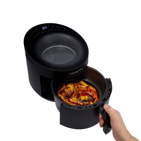 Фритюрник с горещ въздух Russell Hobbs SatisFry Panoramic 27420-56, 1650W, 5.5 л, 10 програми, Дигитален LED дисплей, Термостат, Таймер, Черен