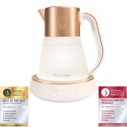 Електрическа кана Russell Hobbs Calm Kettle 27450-70, 2400W, 1.7 л, 40-100°C, Quiet Boil, Сензорни бутони, Звукови сигнали, 6 променящи се цветове, Защити, Без BPA и PFAS, Бял/златист