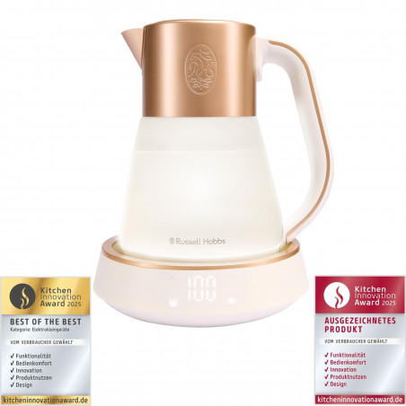 Електрическа кана Russell Hobbs Calm Kettle 27450-70, 2400W, 1.7 л, 40-100°C, Quiet Boil, Сензорни бутони, Звукови сигнали, 6 променящи се цветове, Защити, Без BPA и PFAS, Бял/златист