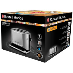 Тостер за хляб Russell Hobbs Attentiv 26210-56, 1640W, 2 филии, 6 степени, Центриране, Сензорно управление, LED, Запаметяване, Високо повдигане, Без BPA и PFAS, Инокс/черен