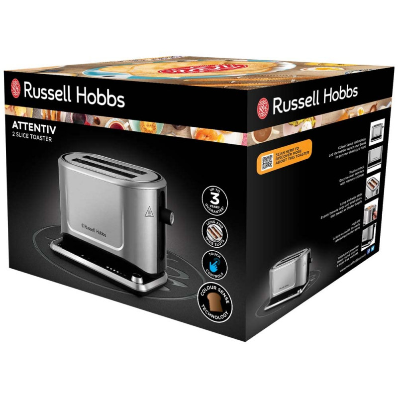 Тостер за хляб Russell Hobbs Attentiv 26210-56, 1640W, 2 филии, 6 степени, Центриране, Сензорно управление, LED, Запаметяване, Високо повдигане, Без BPA и PFAS, Инокс/черен