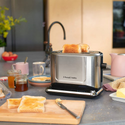 Тостер за хляб Russell Hobbs Attentiv 26210-56, 1640W, 2 филии, 6 степени, Центриране, Сензорно управление, LED, Запаметяване, Високо повдигане, Без BPA и PFAS, Инокс/черен