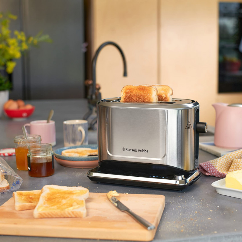 Тостер за хляб Russell Hobbs Attentiv 26210-56, 1640W, 2 филии, 6 степени, Центриране, Сензорно управление, LED, Запаметяване, Високо повдигане, Без BPA и PFAS, Инокс/черен