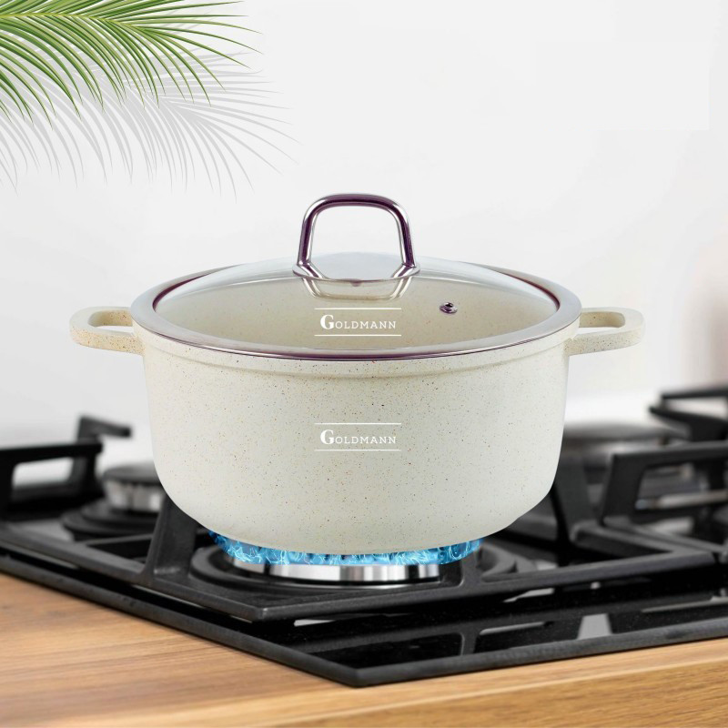 Тенджера Goldmann GM-0324B, 4.5 л, 24 см, Мраморно покритие, Стъклен капак с отвор за пара, Индукция, Бежов