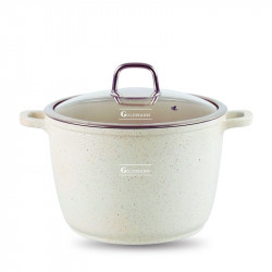 Дълбока тенджера Goldmann GM-0624B, 24 см, 6.2 л, Мраморно покритие, Стъклен капак с отвор за пара, Индукция, Бежов