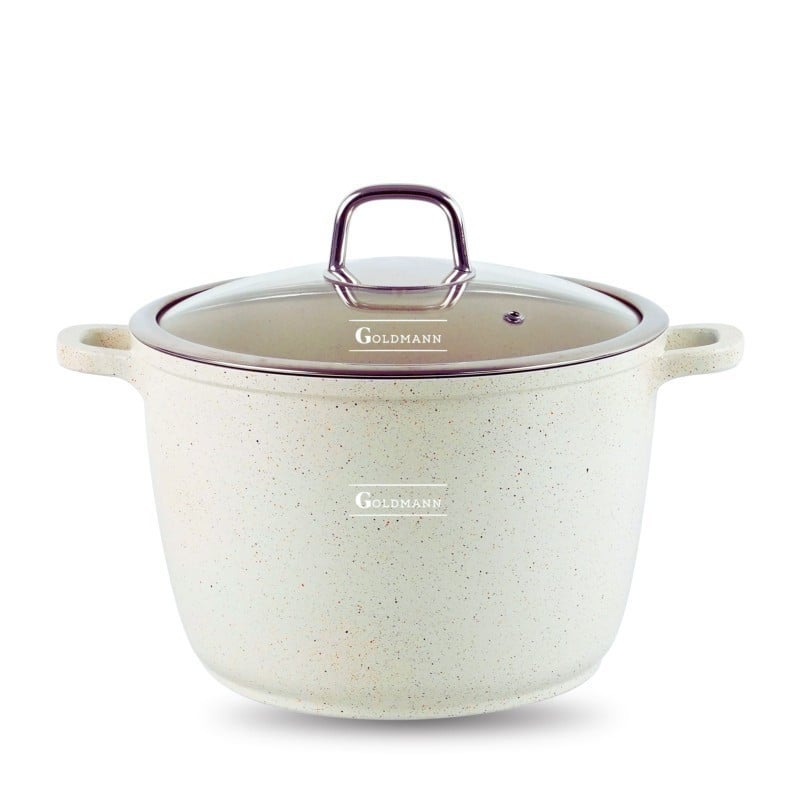 Дълбока тенджера Goldmann GM-0624B, 24 см, 6.2 л, Мраморно покритие, Стъклен капак с отвор за пара, Индукция, Бежов