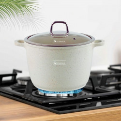 Дълбока тенджера Goldmann GM-0624B, 24 см, 6.2 л, Мраморно покритие, Стъклен капак с отвор за пара, Индукция, Бежов