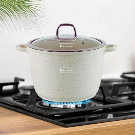 Дълбока тенджера Goldmann GM-0624B, 24 см, 6.2 л, Мраморно покритие, Стъклен капак с отвор за пара, Индукция, Бежов