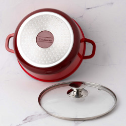 Дълбока тенджера Goldmann GM-0624R, 24 см, 6.2 л,Мраморно покритие, Стъклен капак с отвор за пара, Индукция, Червен